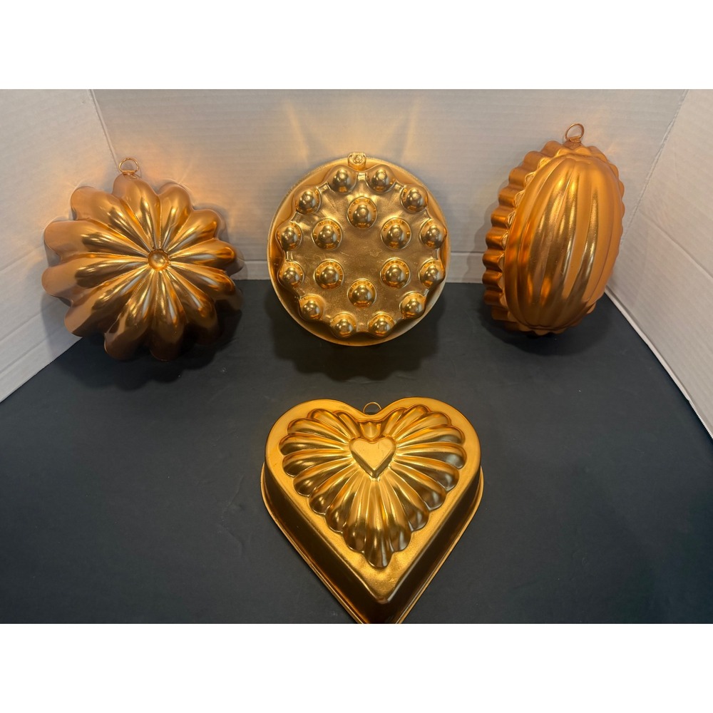Vintage Copper Colored Aluminum Gelatin Cake Molds Set of 4 Heart Oval Sunburst
